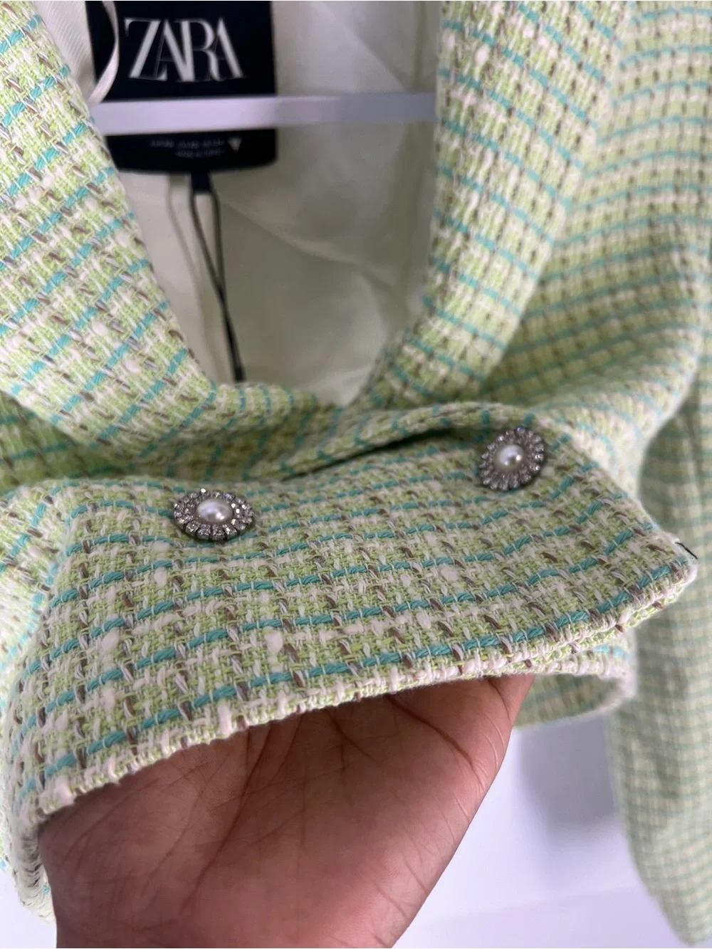 ZARA NWT Green Tweed Cropped Blazer Pearl Buttons Size XS